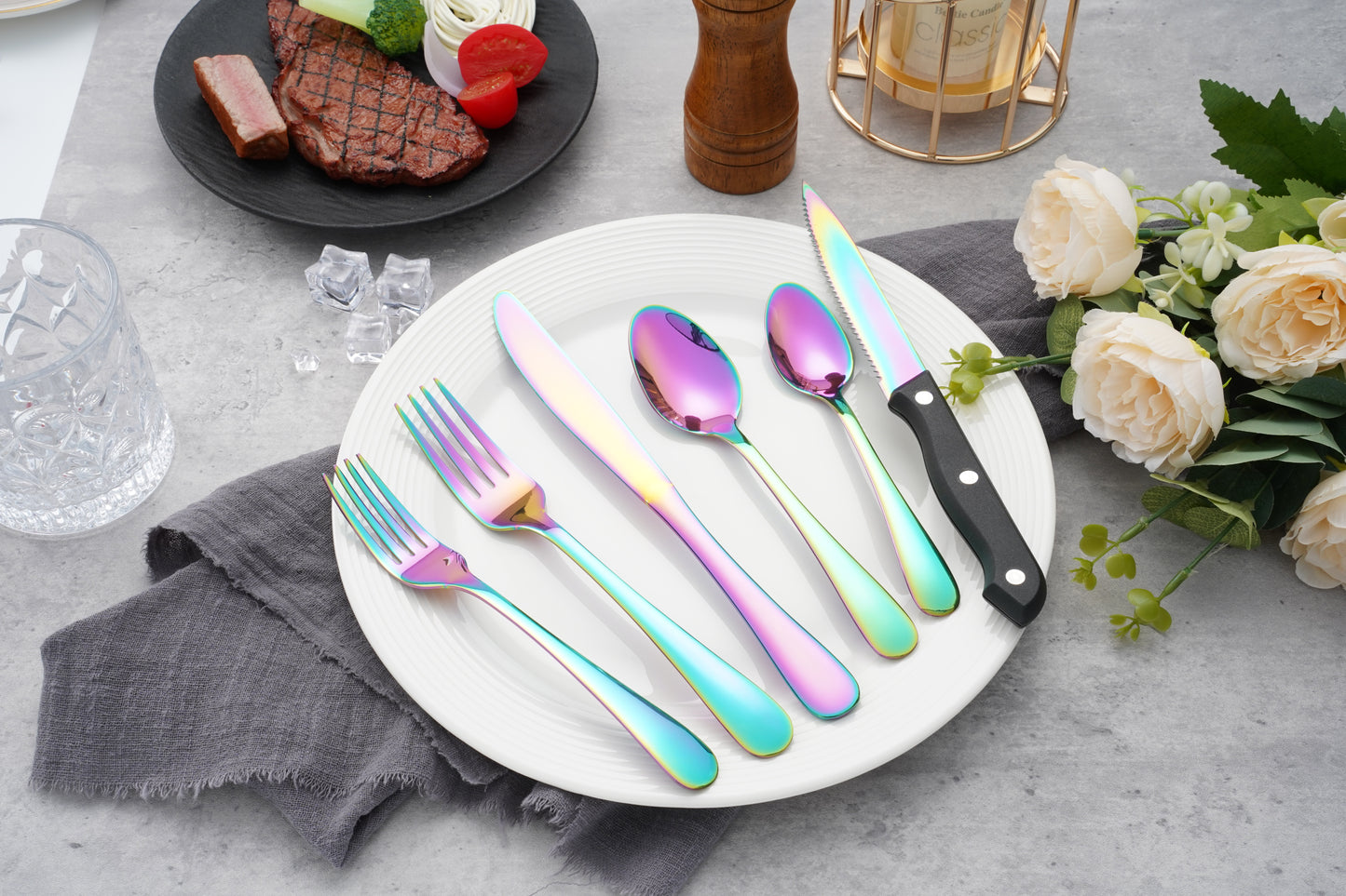 Rainbow Silverware Sets with Steak Knife - 24 PC Stainless Steel Silverware Sets Service for 4 Dishwasher Safe, Mirror Polished Flatware Set