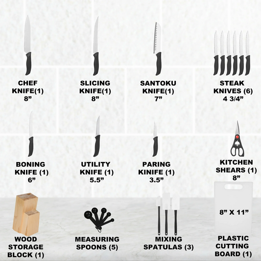 Knife Set With Block, Cutlery Essentials 23 Pieces Kitchen Stainless Steel Knife Block Sets With Cutting Board,Shears,Paring,Utility,Santoku,Steak Knives,Dishwasher Safe Cutlery Block Set
