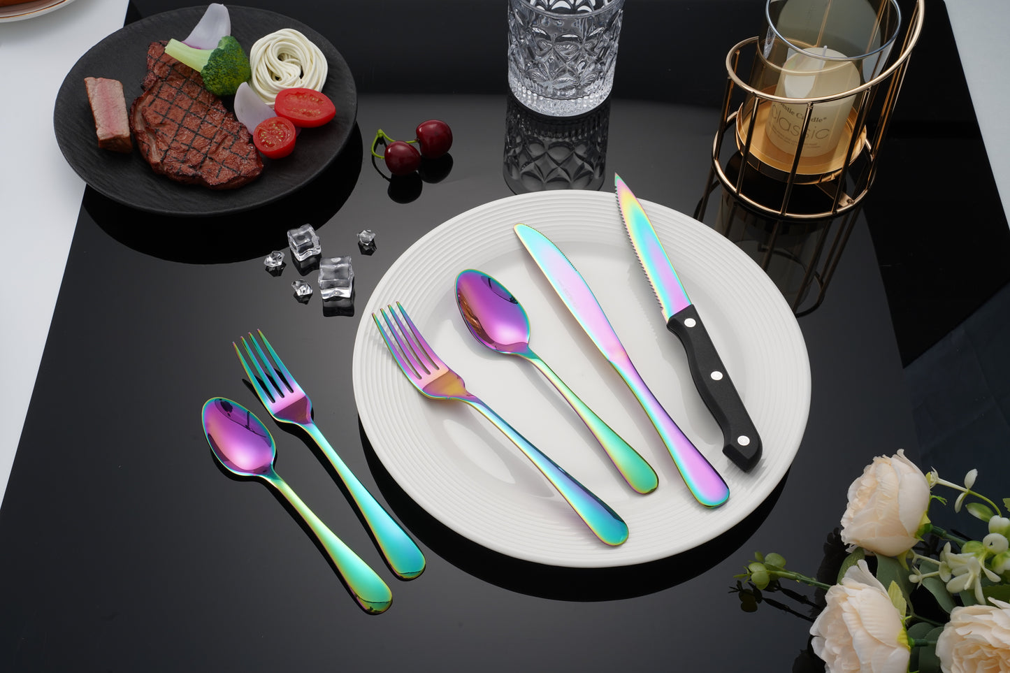 Rainbow Silverware Sets with Steak Knife - 24 PC Stainless Steel Silverware Sets Service for 4 Dishwasher Safe, Mirror Polished Flatware Set