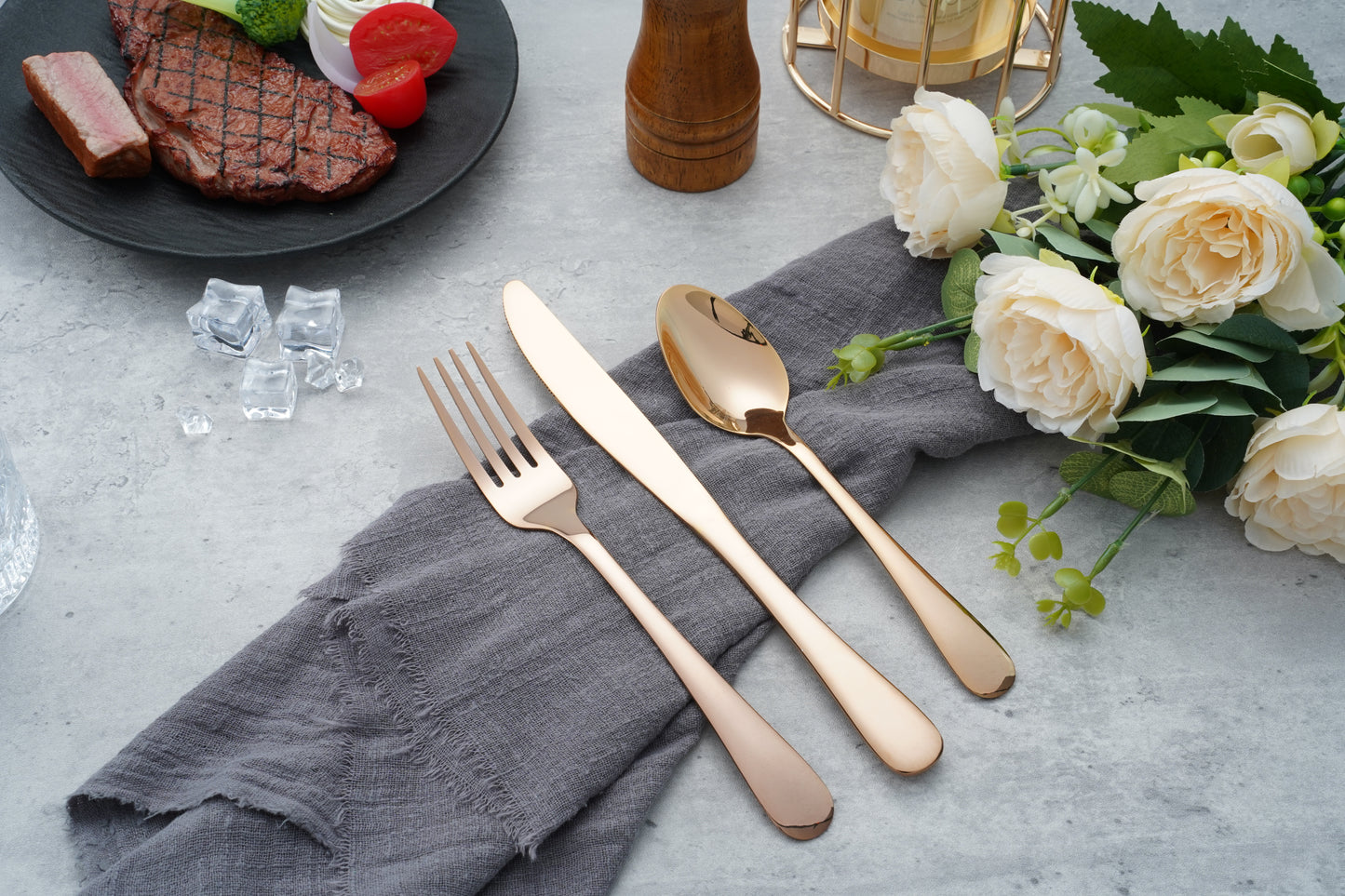 Silverware Sets with Steak Knife - 24 PC Stainless Steel Silverware Sets Service for 4 Dishwasher Safe, Mirror Polished Flatware Set(Rose)