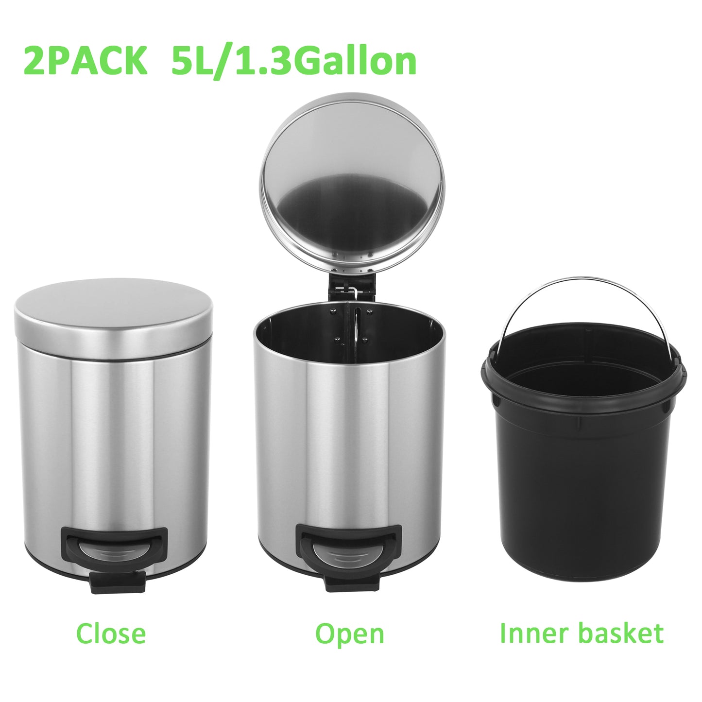 Kitchen Trash Can with Lid, 2 Pack 5 Liter/1.3 Gallon Stainless Steel Trash Can, Oval Step Garbage Can, Soft Close Trash Bin