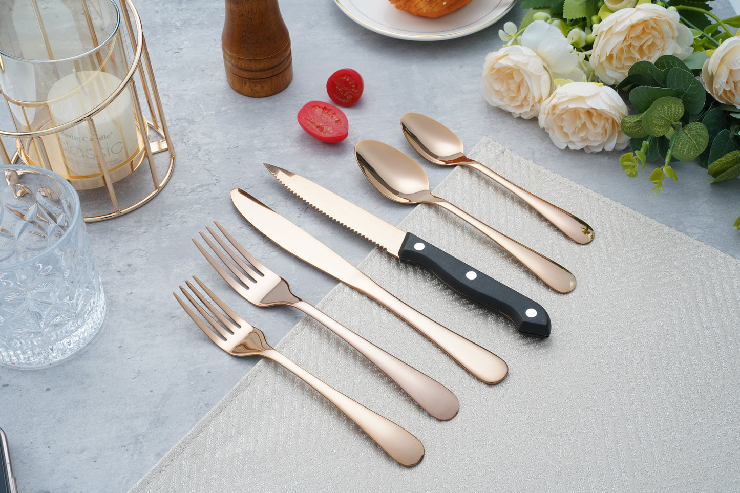 Silverware Sets with Steak Knife - 24 PC Stainless Steel Silverware Sets Service for 4 Dishwasher Safe, Mirror Polished Flatware Set(Rose)