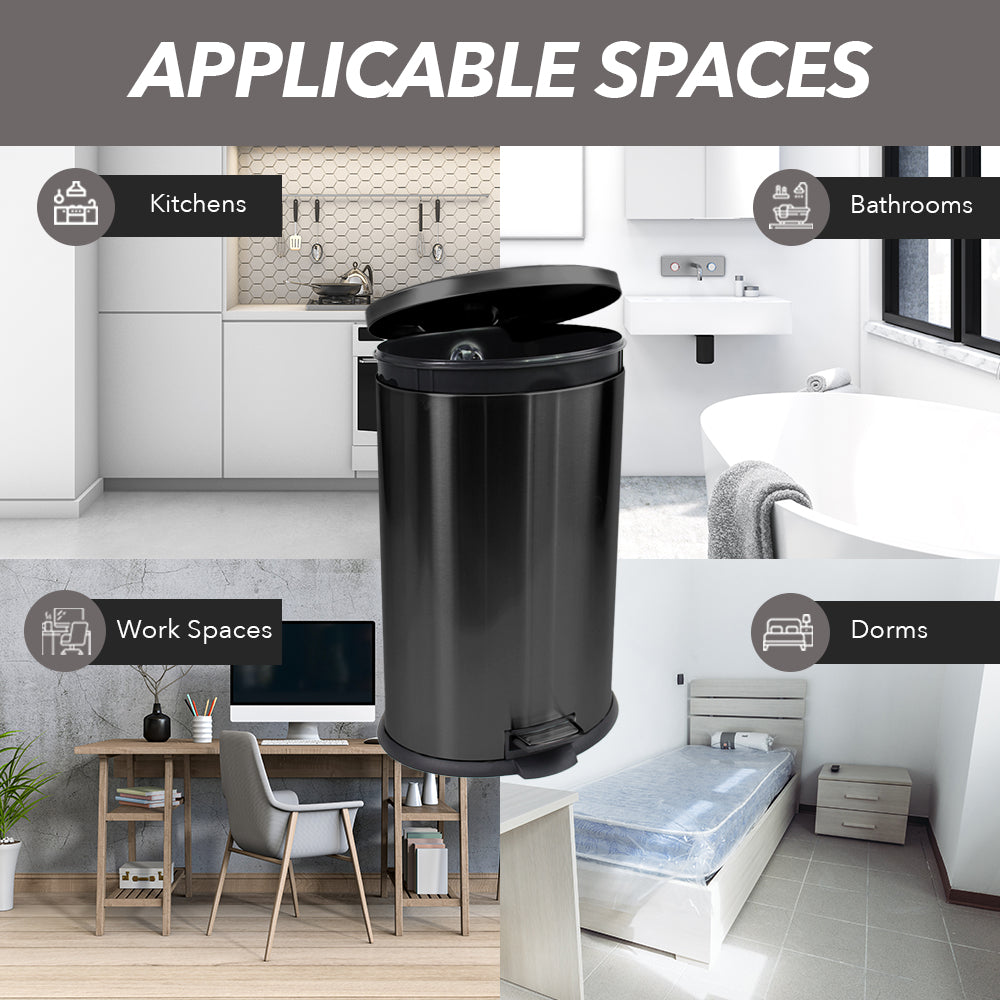 Trash Can with Lid - Assembled in USA 40 Liter/10.5 Gallon Stainless Steel Trash Can with Odor Protection Kitchen Garbage cans with Soft-Close Foot Pedal(Black)