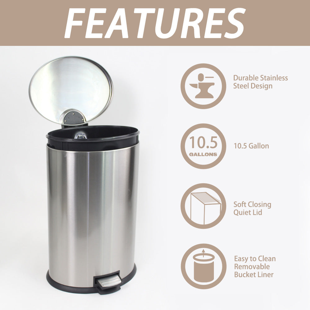 Trash Can with Lid - Assembled in USA 40 Liter/10.5 Gallon Stainless Steel Trash Can with Odor Protection(Silver)