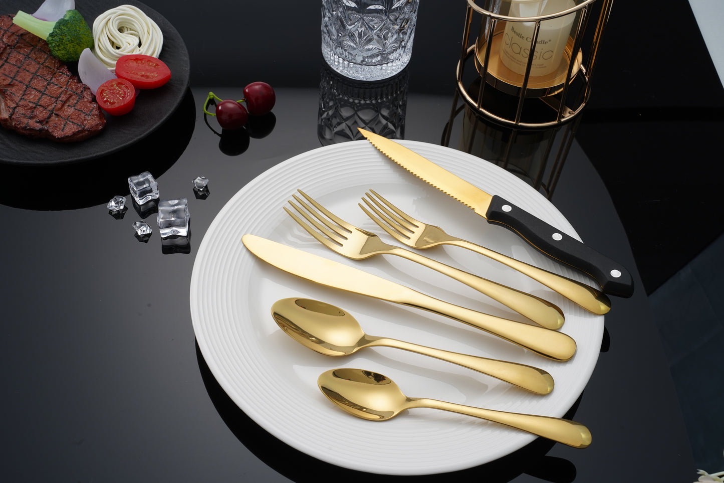 Silverware Sets with Steak Knife - 24 PC Stainless Steel Silverware Sets Service for 4 Dishwasher Safe, Mirror Polished Flatware Set(Gold)