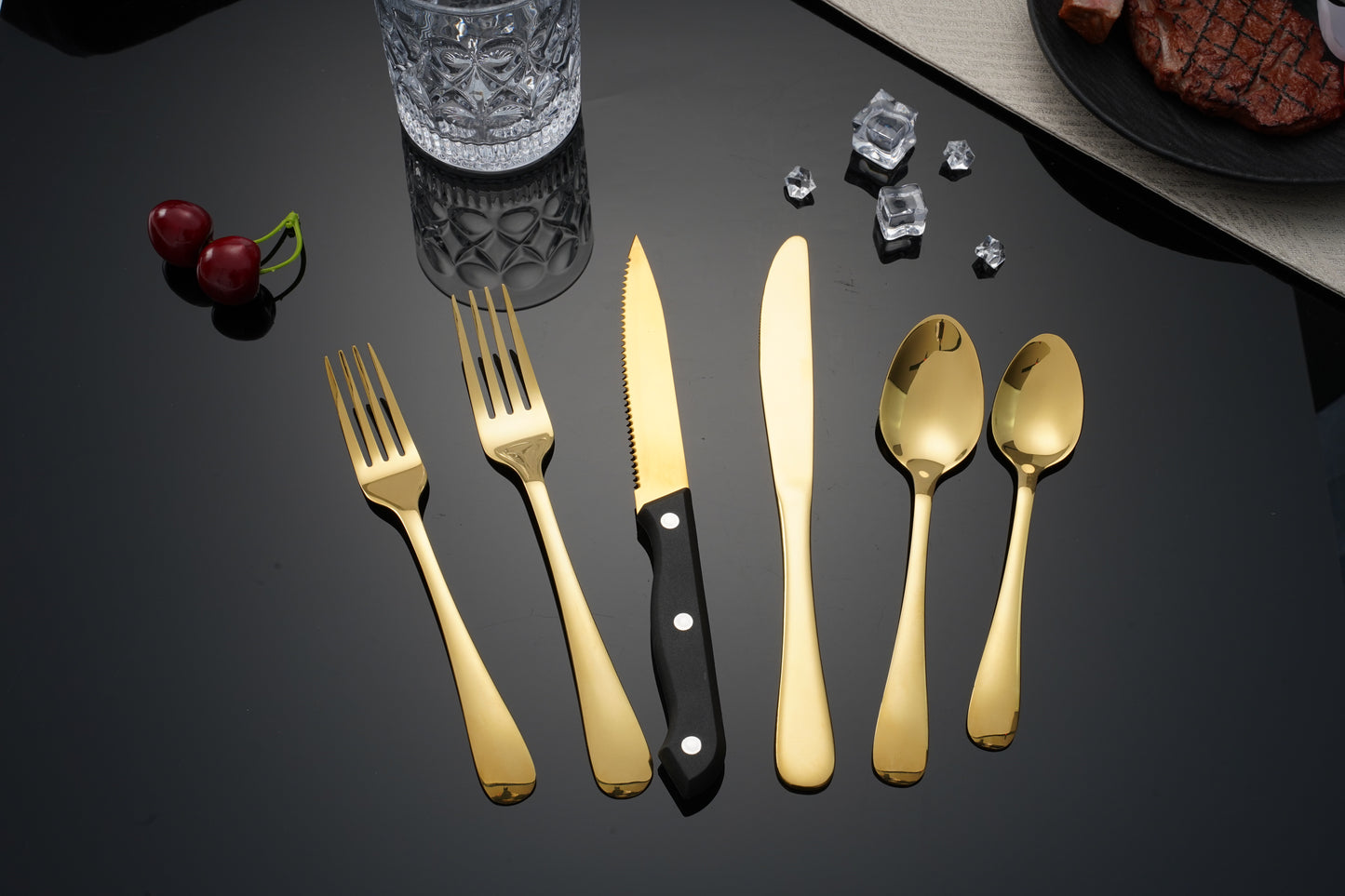 Silverware Sets with Steak Knife - 24 PC Stainless Steel Silverware Sets Service for 4 Dishwasher Safe, Mirror Polished Flatware Set(Gold)