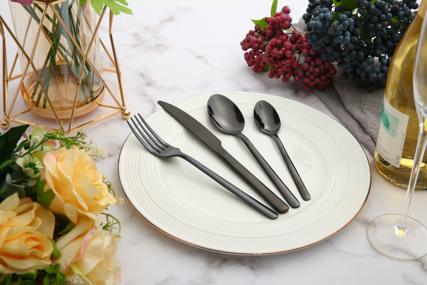 Elysian -24 Piece Set Black Stainless Steel Home Kitchen Flatware Include Forks Spoons Knives