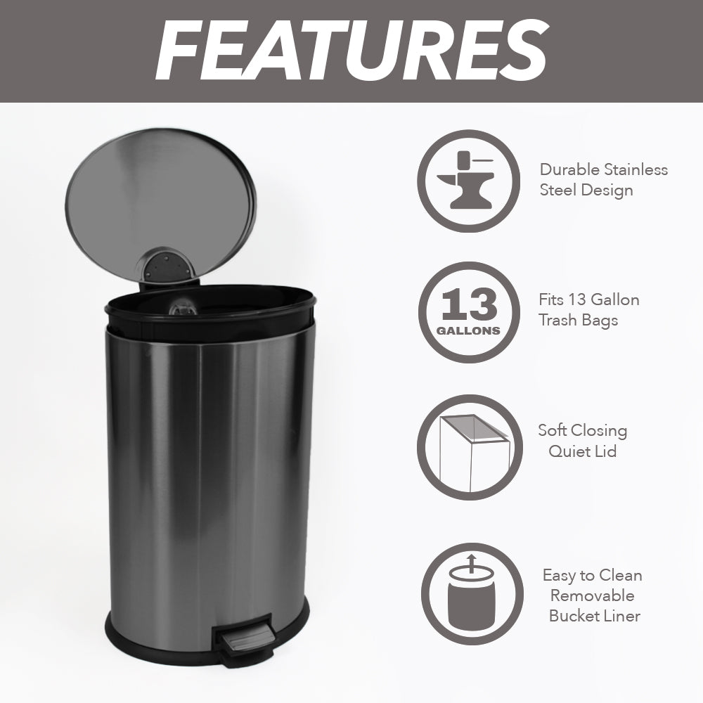 Trash Can with Lid - Assembled in USA 40 Liter/10.5 Gallon Stainless Steel Trash Can with Odor Protection Kitchen Garbage cans with Soft-Close Foot Pedal(Black)